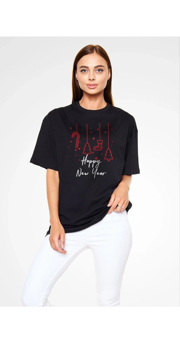 kadın Bisiklet Yaka  Kısa kol Baskılı Oversize T-Shirt