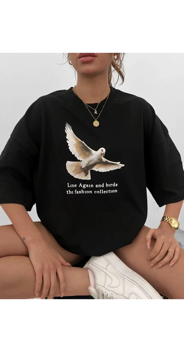 kadın Bisiklet Yaka Baskılı Kısa kol Oversize T-Shirt