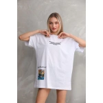 kadın Bisiklet Yaka Baskılı Oversize T-Shirt