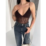 Kadın Dantel Detaylı Derin Dekolte Body Şık Kolsuz Yazlık Bodysuit - Görsel 2