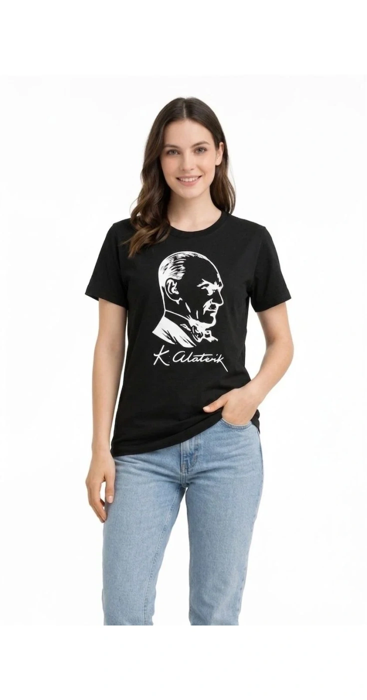 Kadın Atatürk Baskılı Tişört Kısa Kollu Bisiklet Yaka T-Shirt