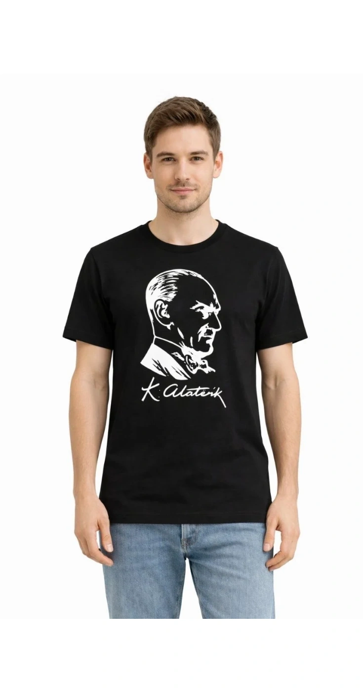 Erkek Atatürk Baskılı Tişört Kısa Kollu Bisiklet Yaka T-Shirt