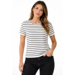 Kadın Çizgili Yazlık Triko T-Shirt Bisiklet Yaka Rahat Kalıp Tişört