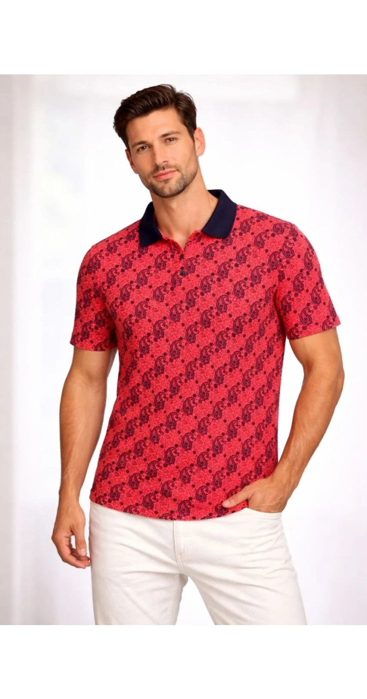 Erkek Pike Kumaş Polo Yaka Palmiye Desenli Tişört Kısa Kol Yazlık T-Shirt