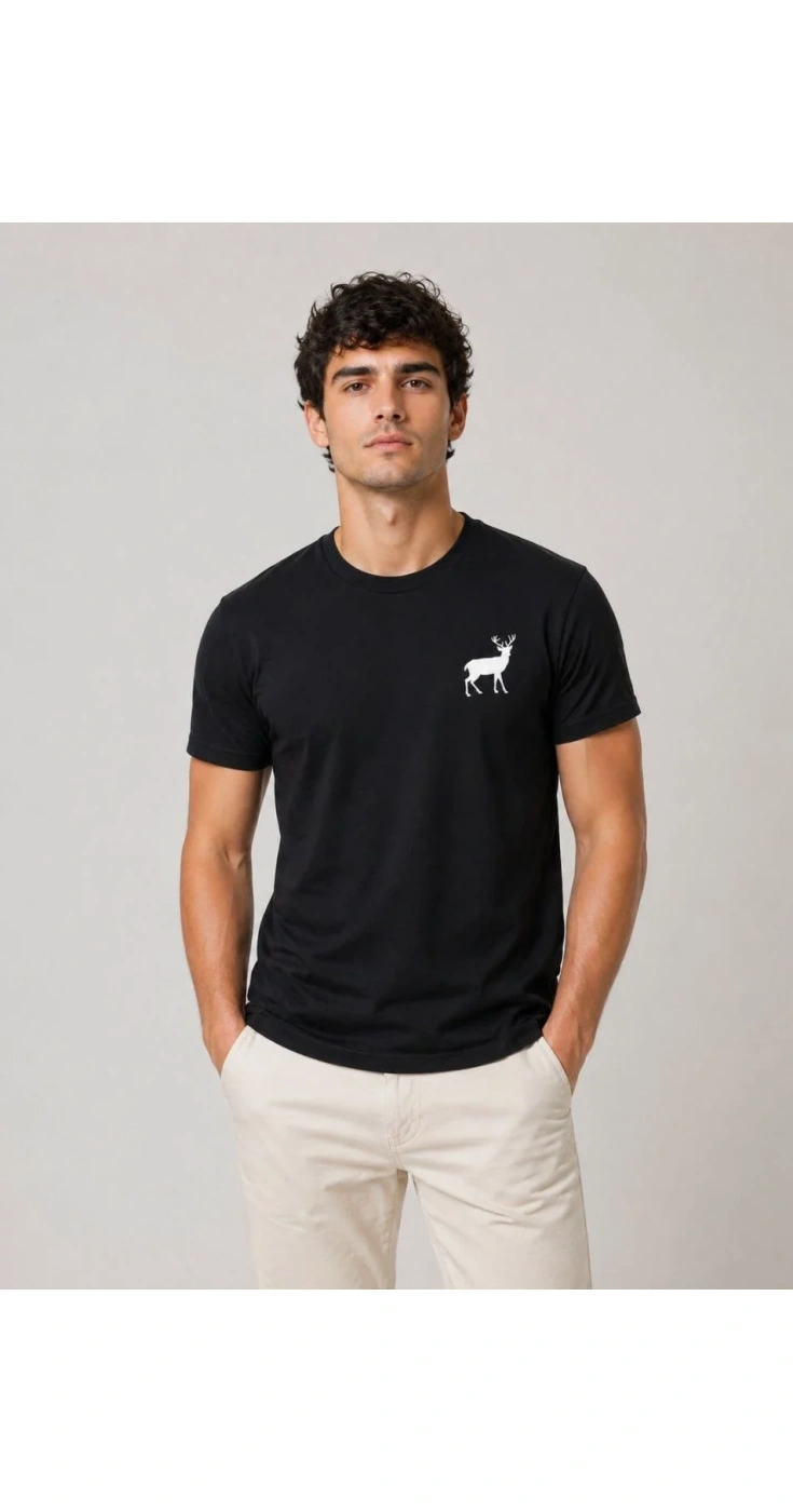 Erkek Minimal Geyik Logolu Tişört Bisiklet Yaka Kısa kol Yazlık T-Shirt