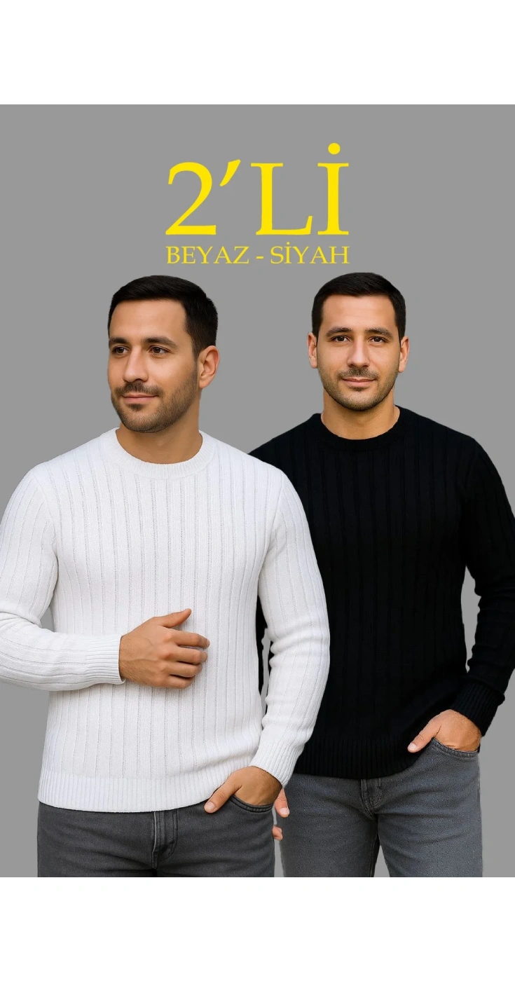Erkek Fitilli Triko Kazak 2’li Set Siyah Beyaz Kalın Dokuma Pamuklu Regular Fit Bisiklet