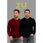 Erkek Fitilli Triko Kazak 2’li Set Siyah Bordo Kalın Dokuma Pamuklu Regular Fit Bisiklet