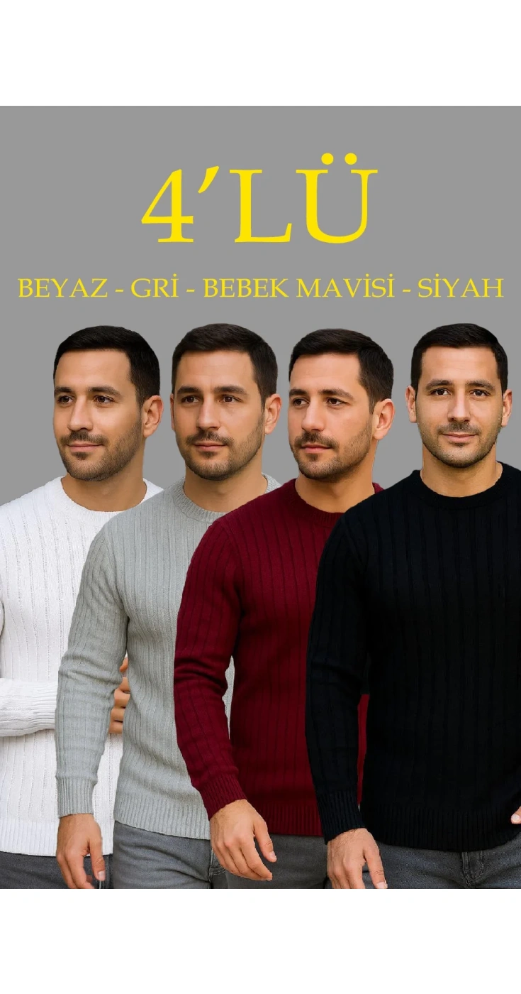 Erkek Fitilli Triko Bisiklet Yaka Kalın Kazak 4'lü Set Beyaz-Bordo-Gri