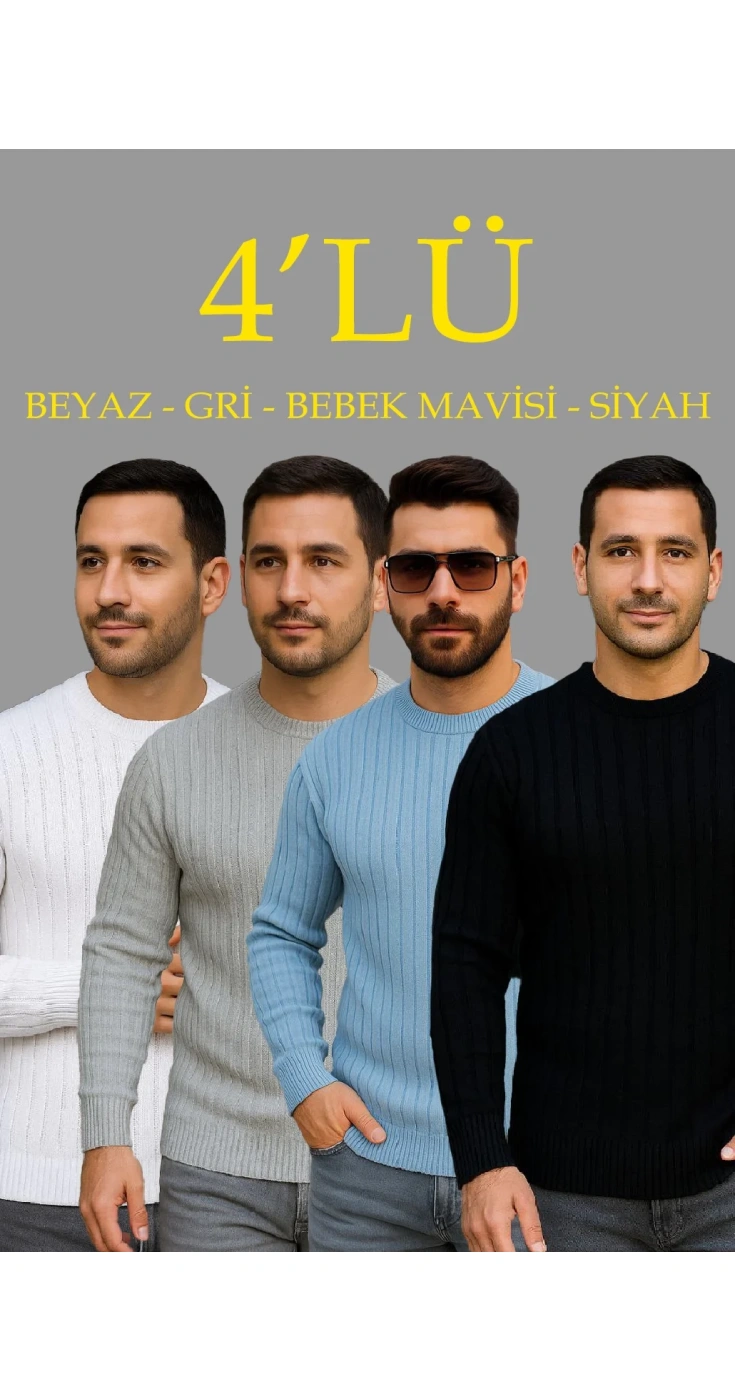 Erkek Fitilli Triko Bisiklet Yaka Kalın Kazak 4'lü Set Beyaz-Bebek Mavisi-Gri