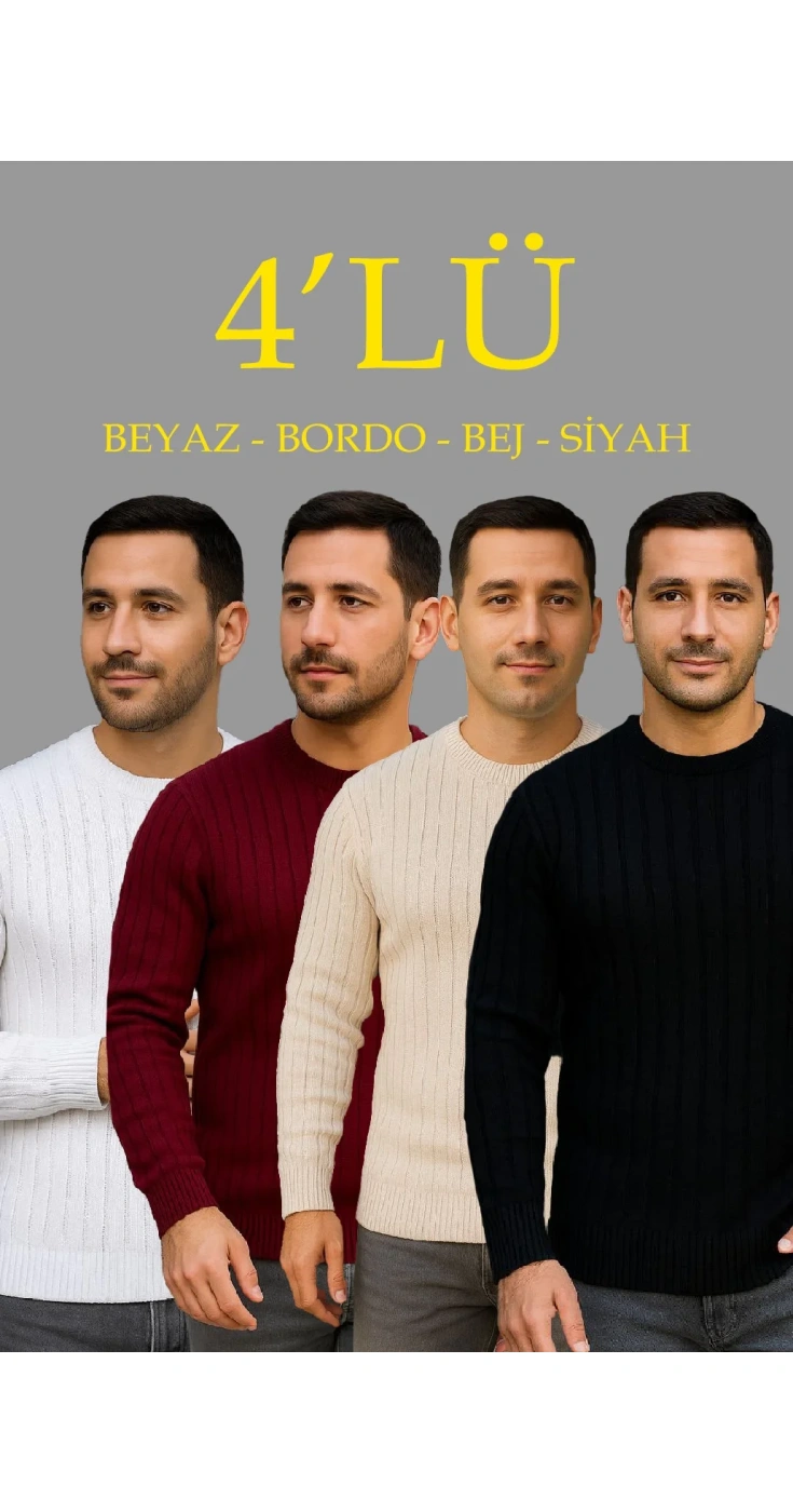 Erkek Fitilli Triko Bisiklet Yaka Kalın Kazak 4'lü Set Beyaz-Bebek Mavisi-Gri