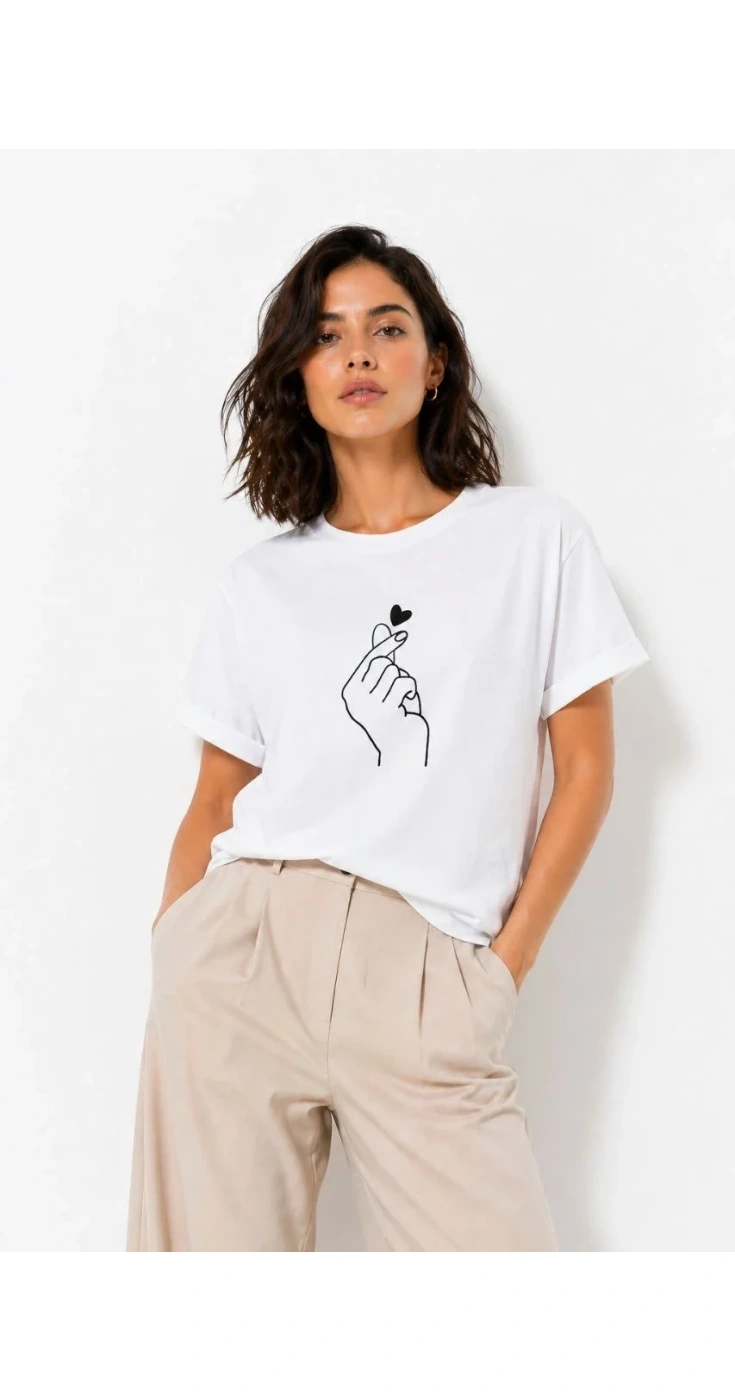 Kadın Kore Parmak Kalp Aşk Temalı Minimal Baskılı Tişört Yazlık Kısa Kol T-Shirt
