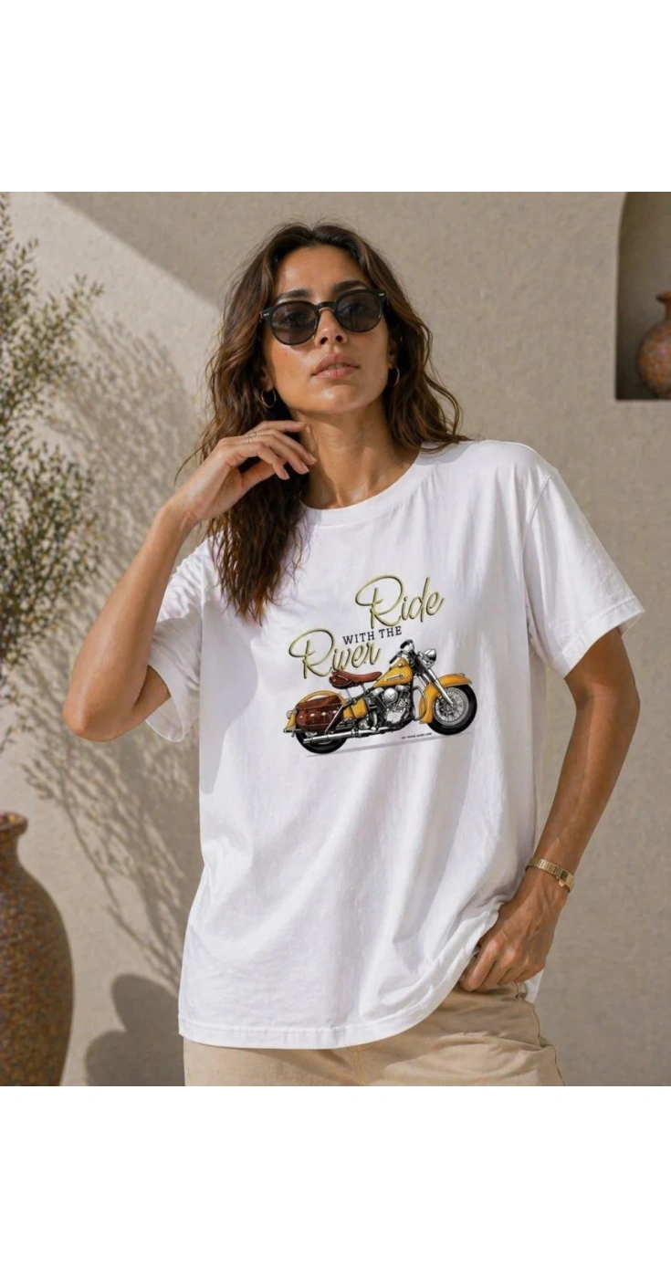 Kadın Motosiklet Baskılı Tişört Bisiklet Yaka Kısa Kol Yazlık T-Shirt