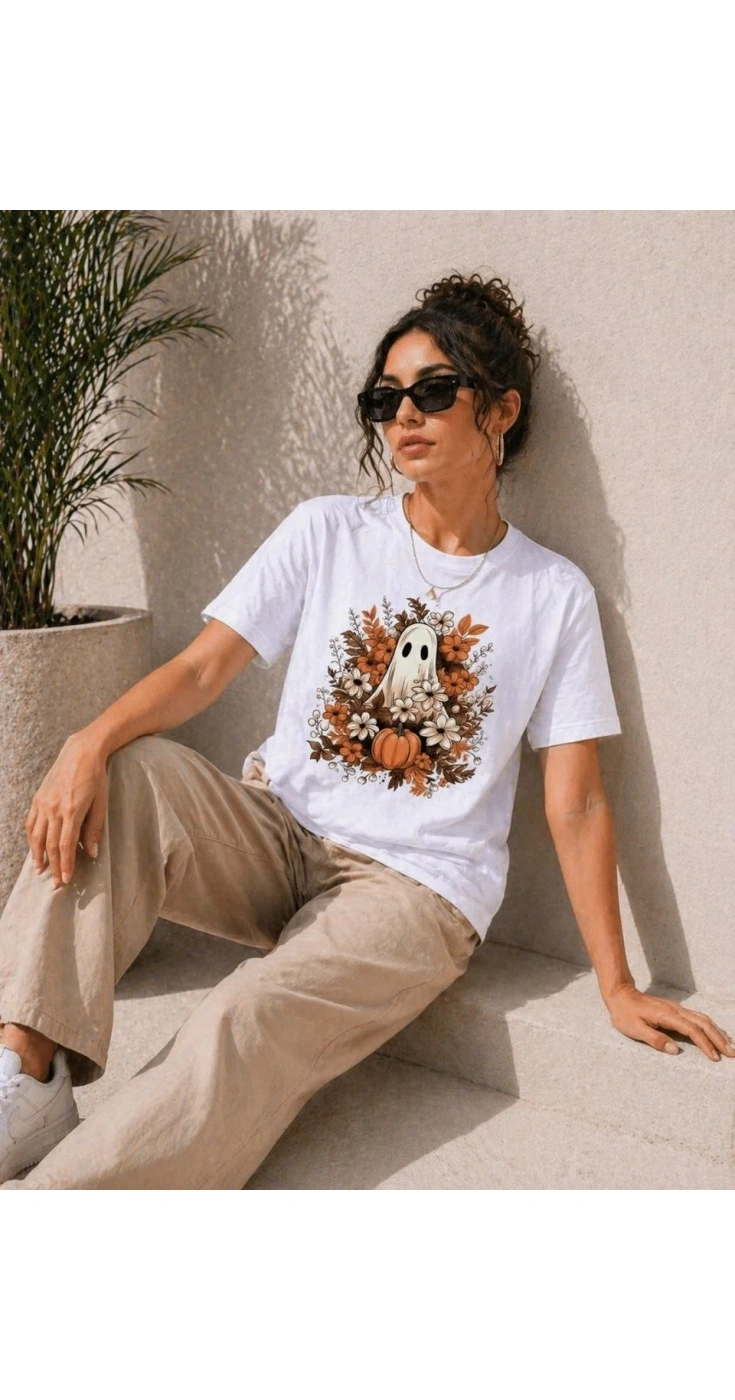 Kadın Balkabağı Hayalet Baskılı Tişört Kısa Kol Yazlık T-Shirt
