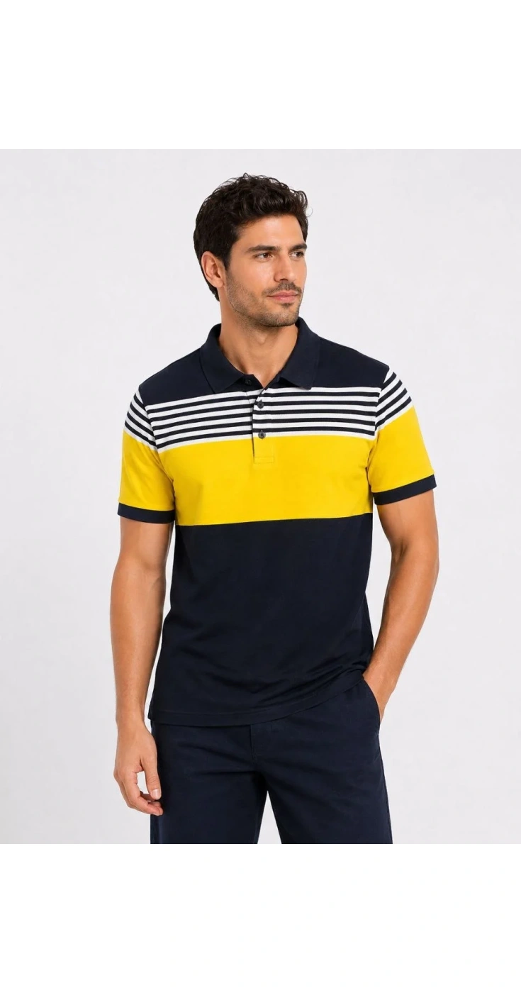 Erkek Pike Kumaş Çizgili Polo Yaka Tişört Kısa Kol Yazlık T-Shirt