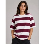 Kadın Çizgili Oversize Tişört Bisiklet Yaka Kısa Kol Yazlık T-Shirt - Görsel 3