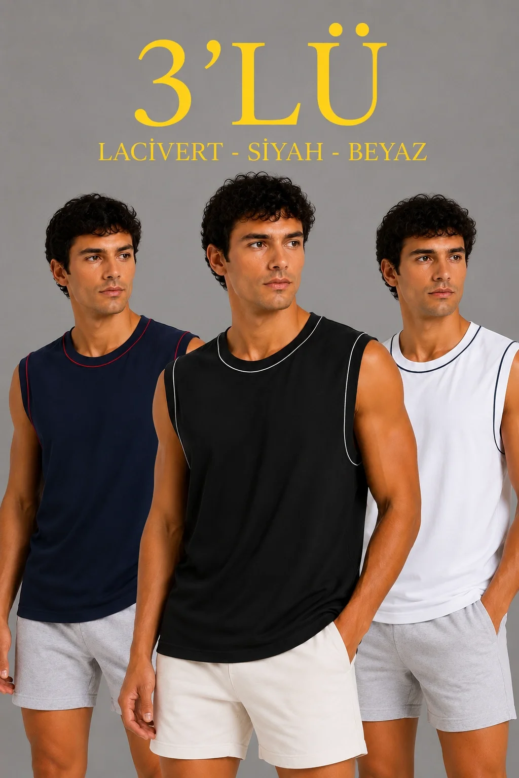 6a0deb73c3a32-48885362-sw1024sh1536 Erkek 3’lü Kolsuz Sporcu Atlet Seti Yazlık Bisiklet Yaka - Görsel 1